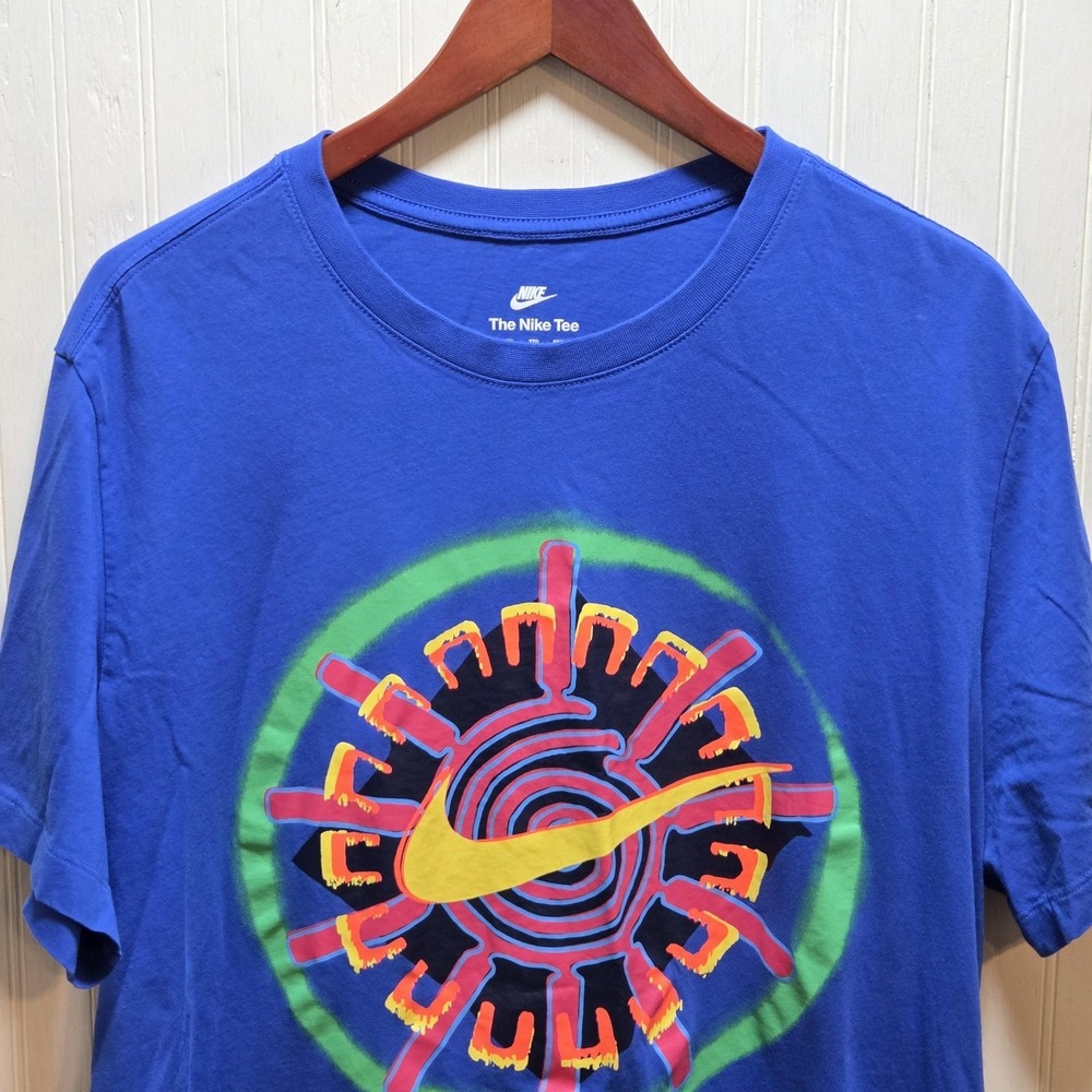 Nike Shirt Mens 2XL Blue Sun Spiral Swoosh Graphic Tee Tagless Cotton Jersey